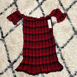 Red and Black Plaid Off The Shoulder Smocked Mini Dress - large